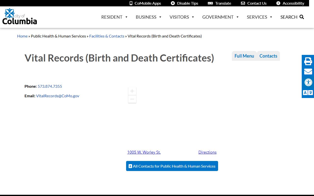 Columbia Boone County birth and death records contact information