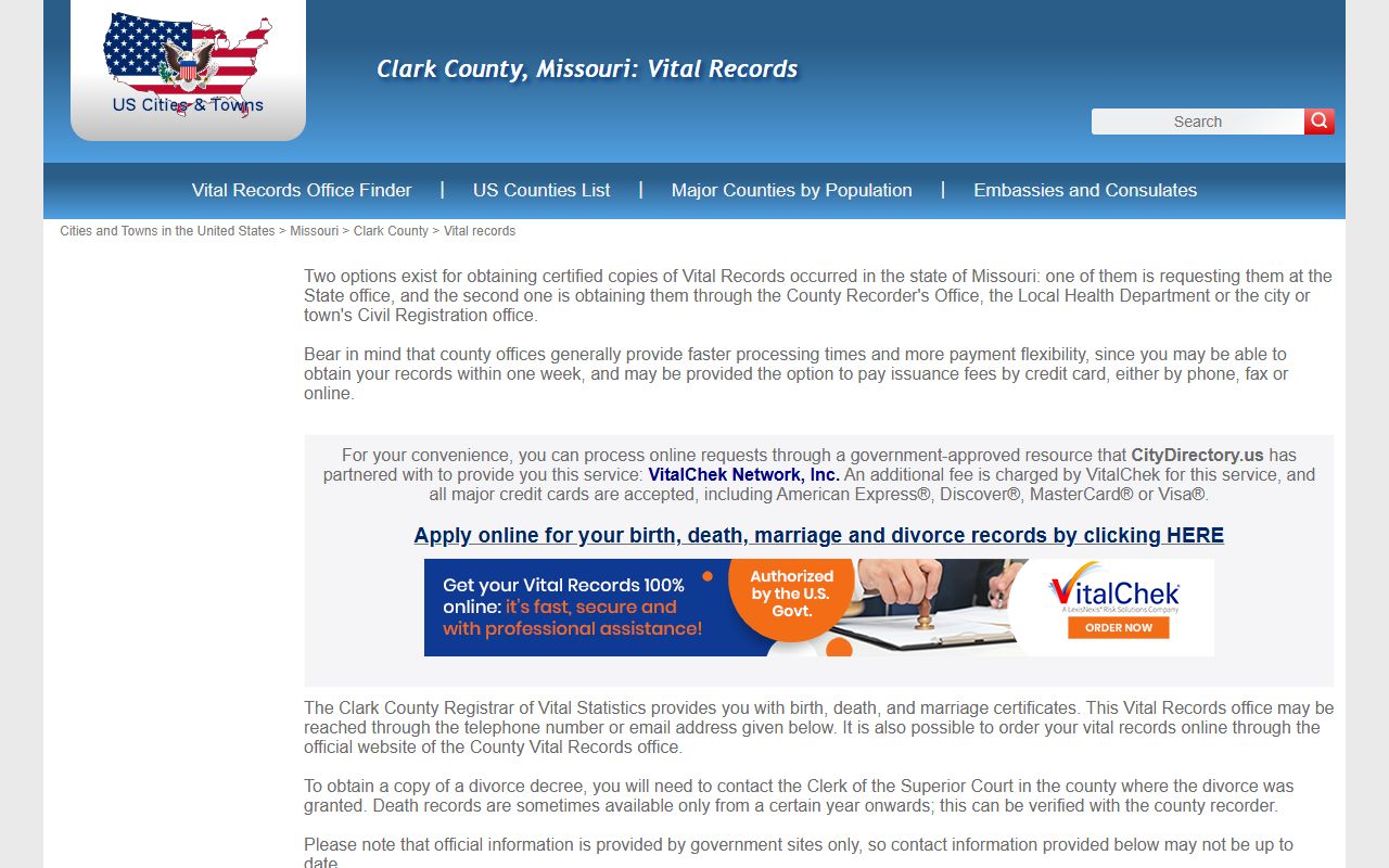 Clark County Missouri birth records and vital records office details