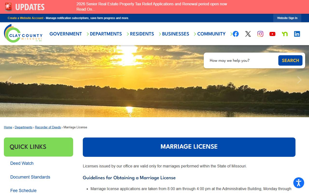 Clay County Missouri marriage license office and birth certificate requirements