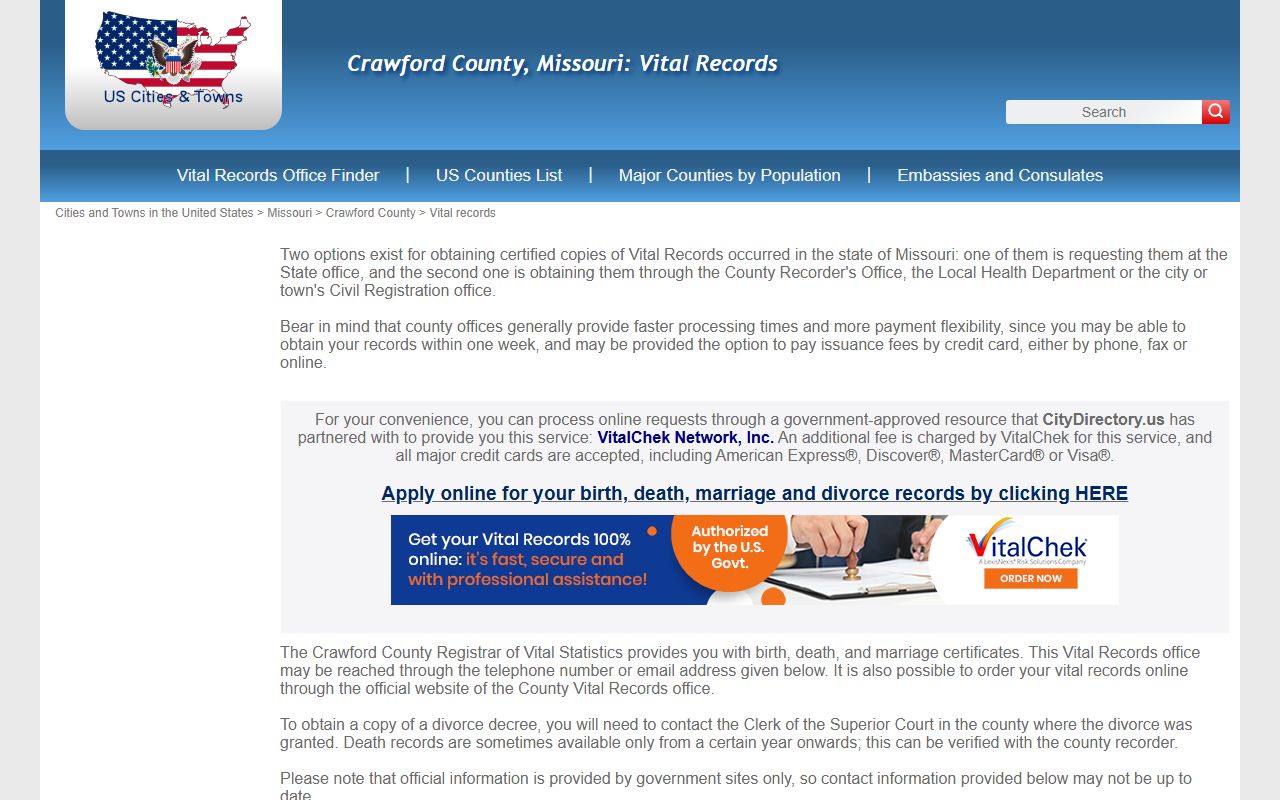 Crawford County Missouri birth records vital records office information