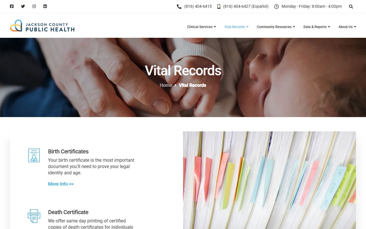 Jackson County Missouri birth records - Jackson County Public Health vital records page
