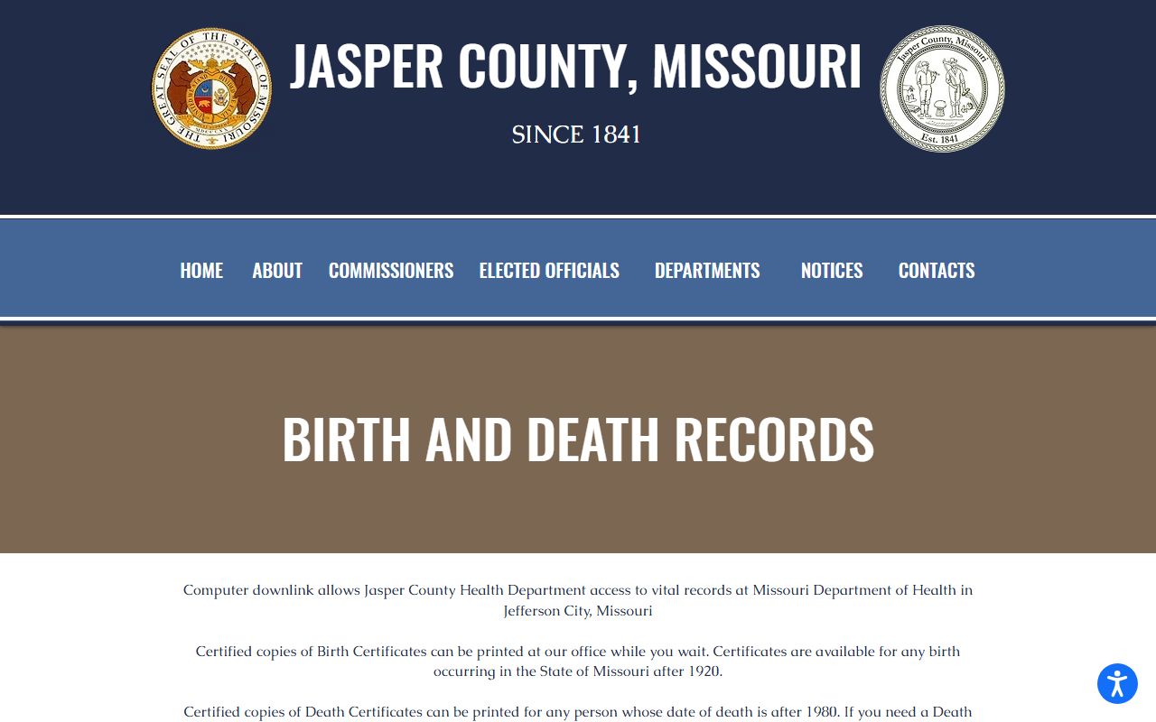 Jasper County Missouri birth records - county health department birth certificate page