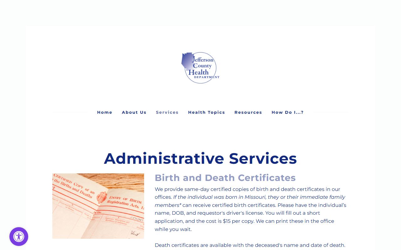 Jefferson County Missouri birth records - health department administrative services page