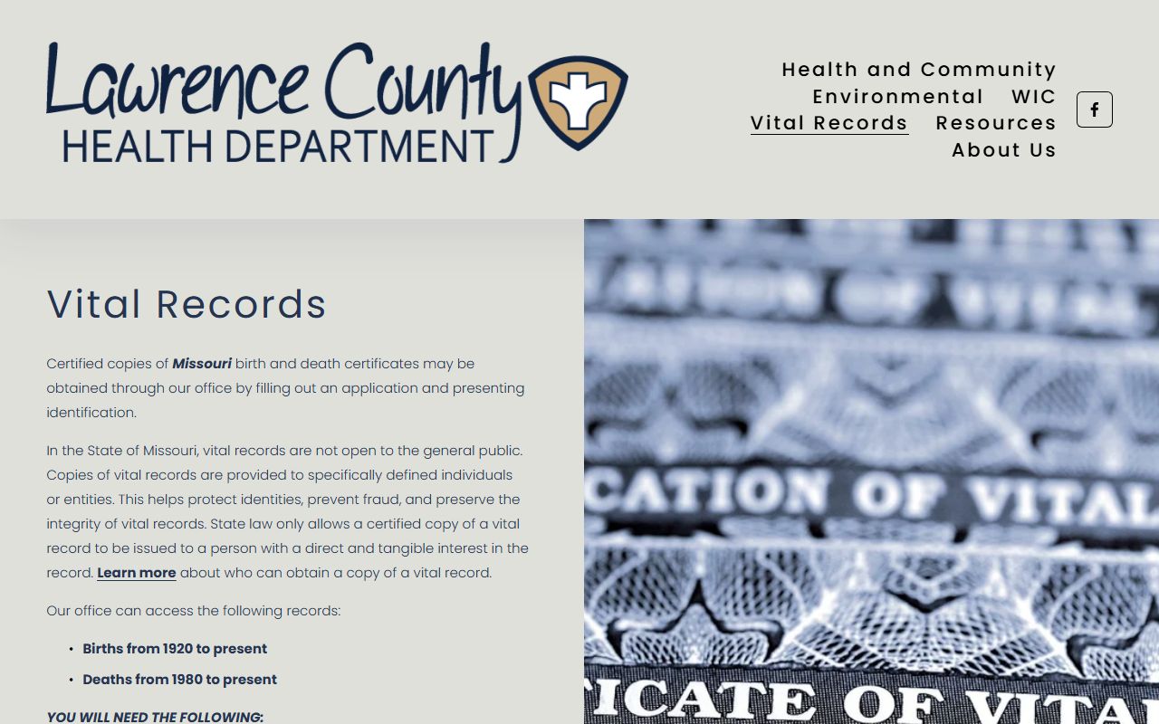 Lawrence County Missouri birth records - health department vital records page
