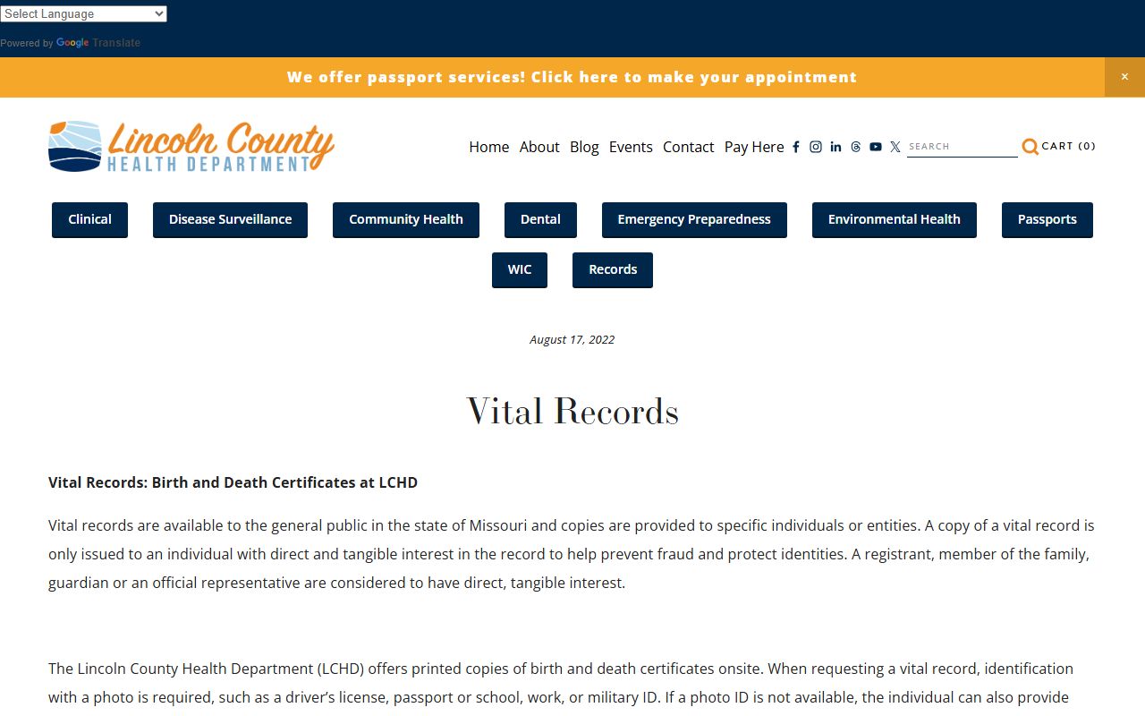 Lincoln County Missouri vital records information from Lincoln County Health Department