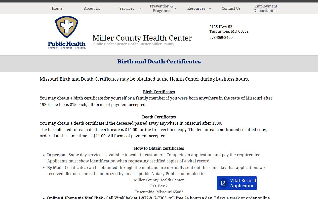 Miller County Missouri birth records health center in Tuscumbia