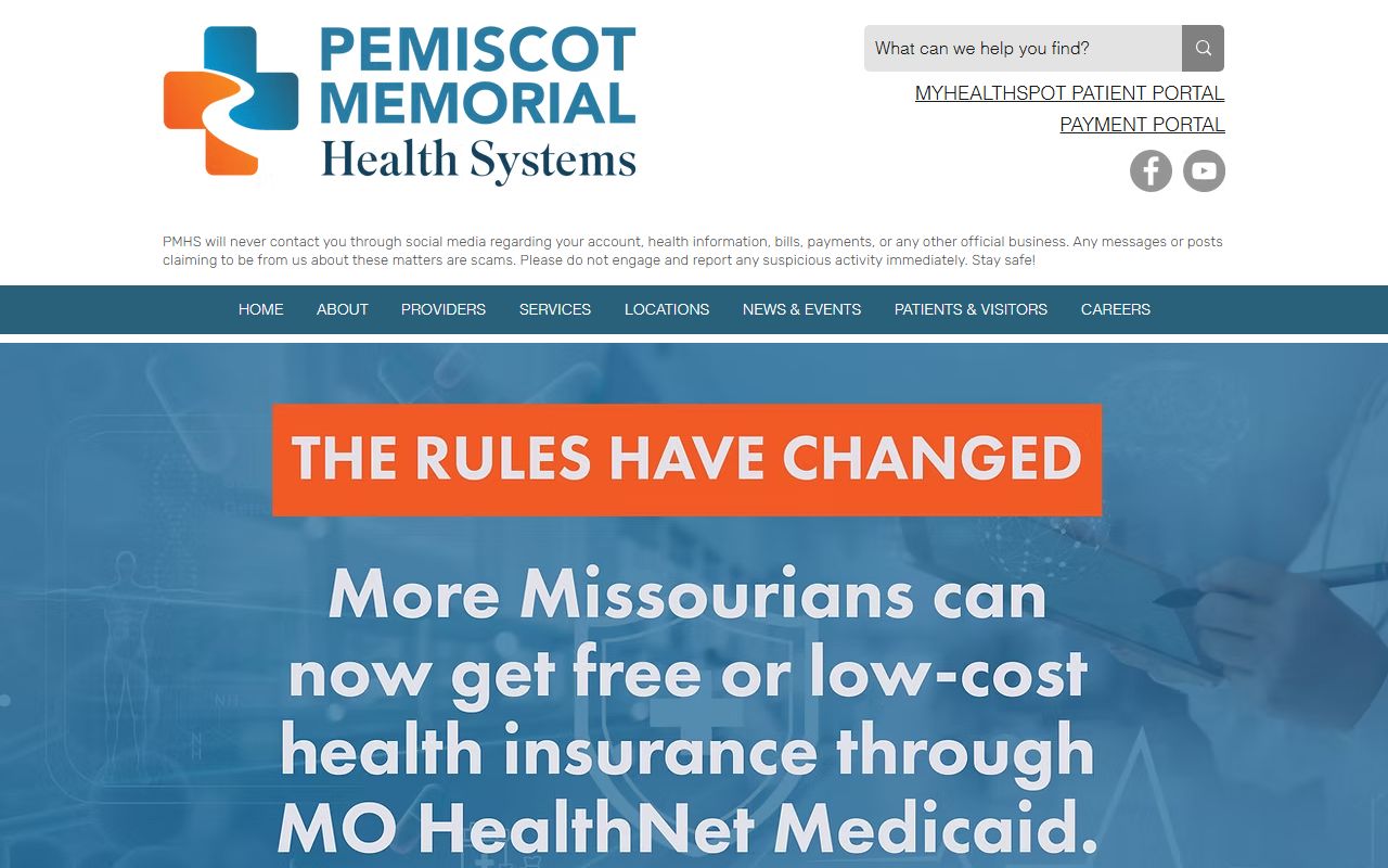 Pemiscot Memorial Health Systems website showing health services for New Madrid County Missouri birth records region