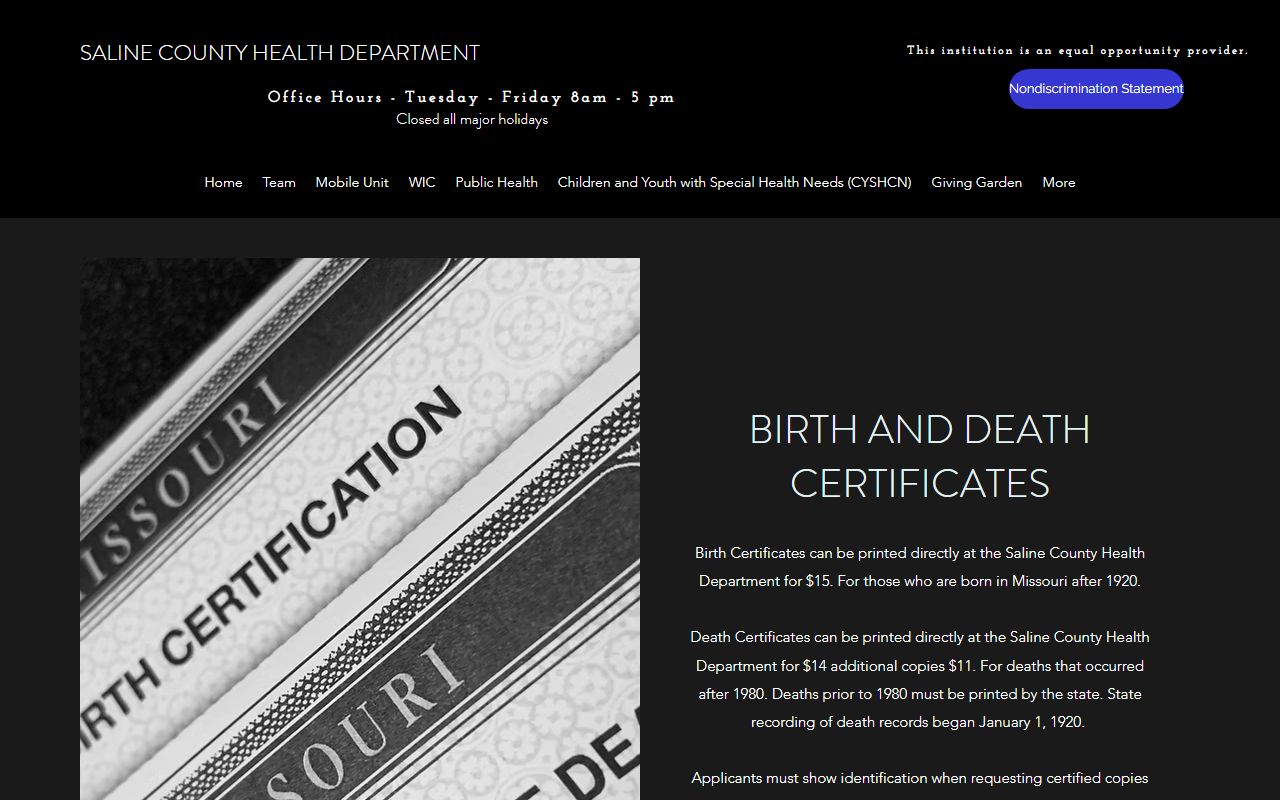 Saline County Health Department Missouri birth records and vital records office in Marshall