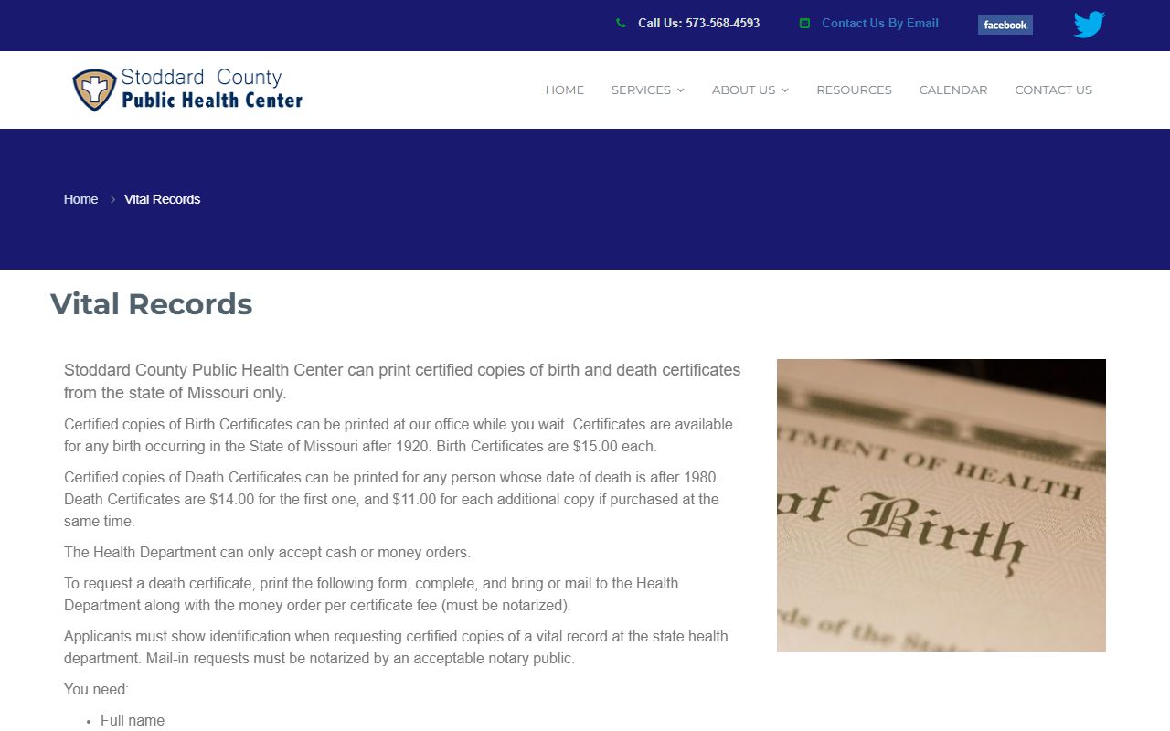 Stoddard County Missouri birth records public health center vital records services