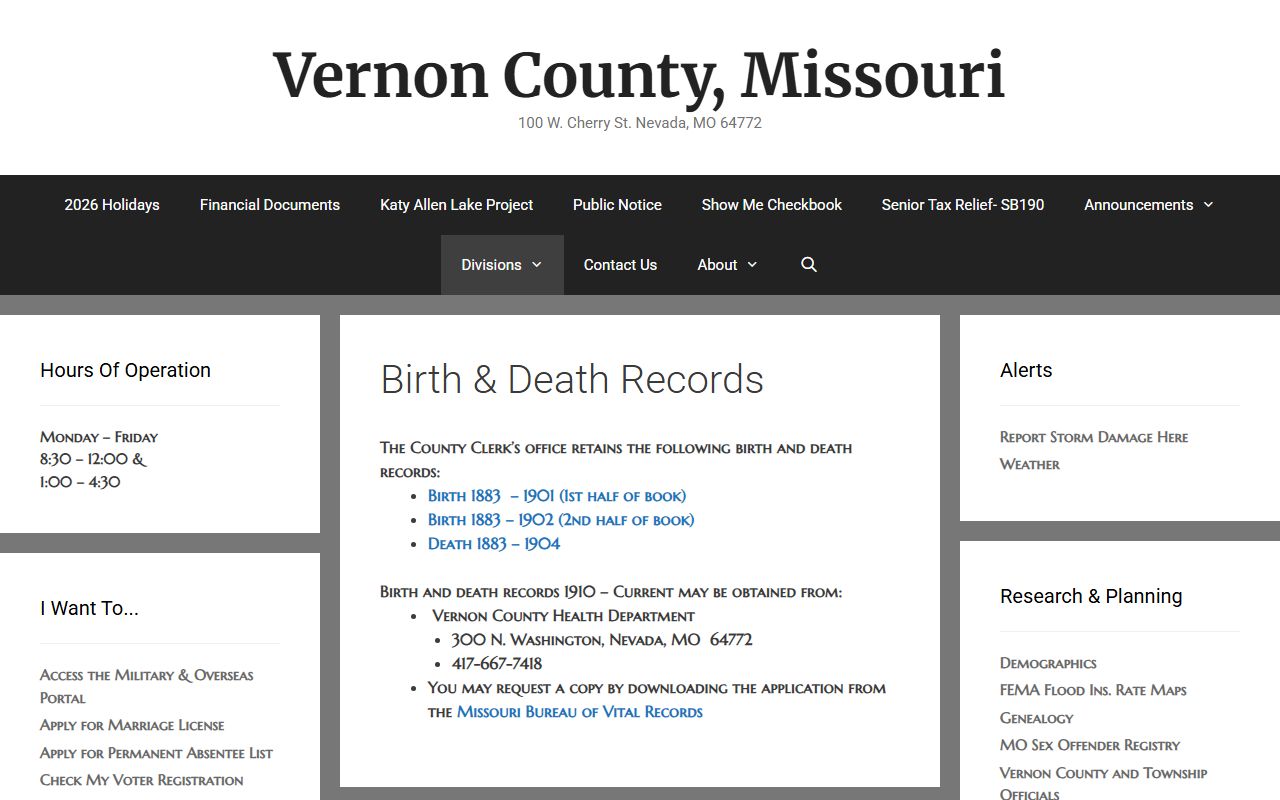 Vernon County Missouri birth records official county website vital records information