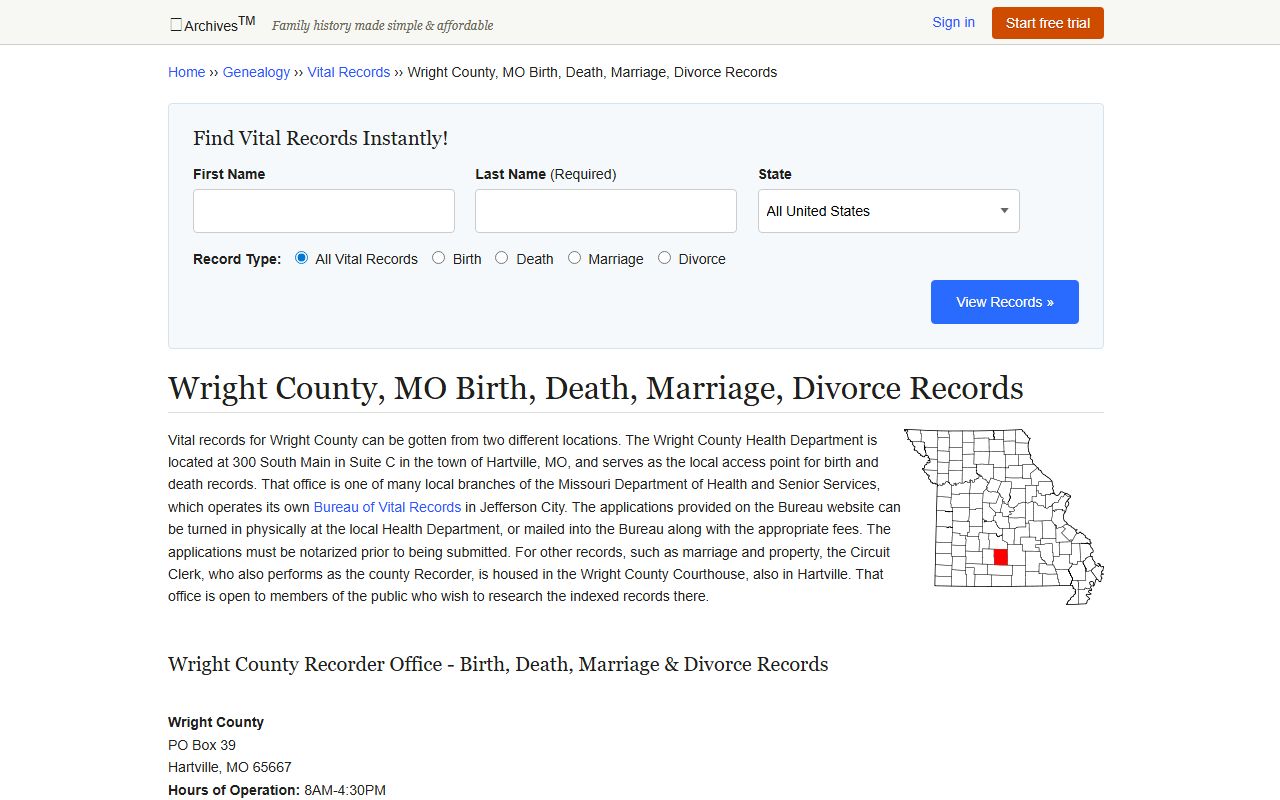 Wright County Missouri birth records archives vital records information health department Hartville