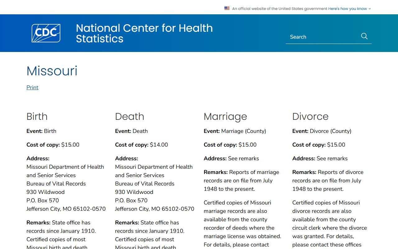 CDC National Center for Health Statistics Missouri vital records contact page