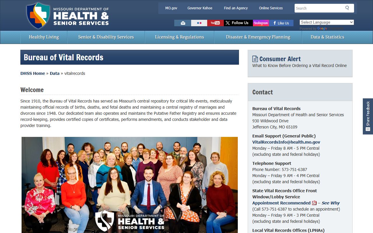 Missouri DHSS vital records page showing request methods for Missouri birth certificates