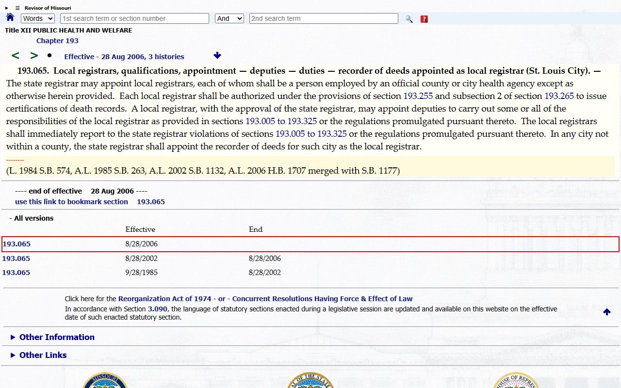 Missouri Revised Statute 193.065 local registrars appointment duties and authority