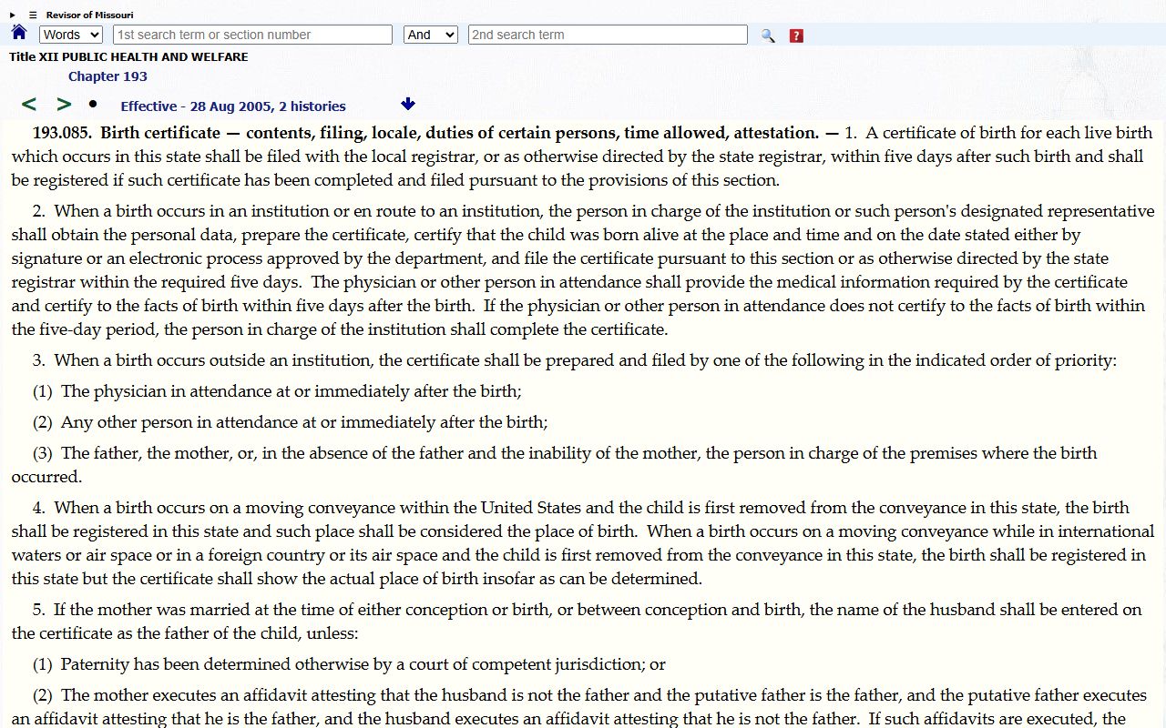 Missouri Revised Statute 193.085 detailing birth certificate contents and filing requirements