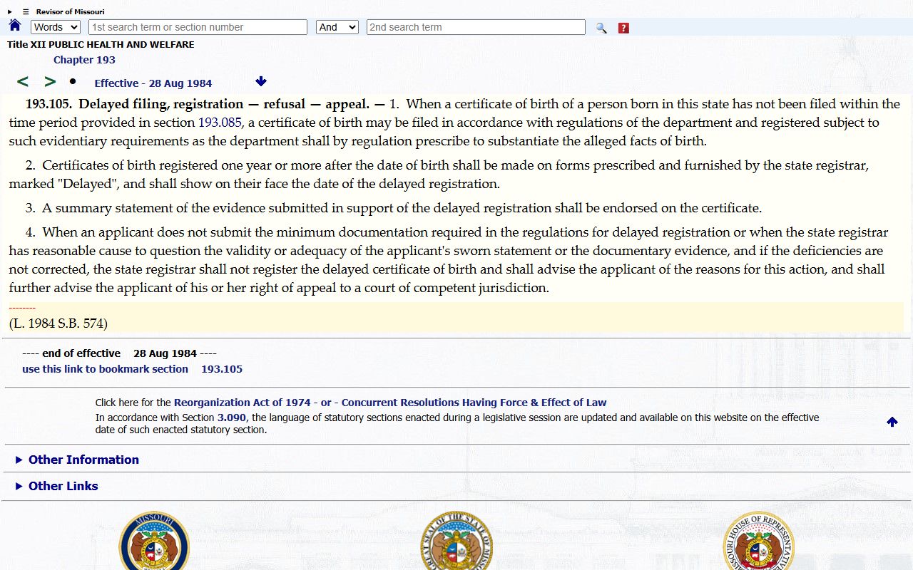 Missouri Revised Statute 193.105 delayed birth certificate registration procedures and evidence requirements