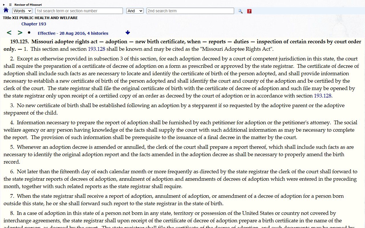 Missouri Revised Statute 193.125 Adoptee Rights Act adoption and new birth certificate procedures