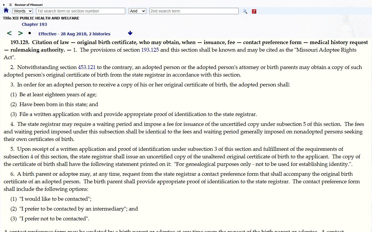 Missouri Revised Statute 193.128 original birth certificate access for Missouri adoptees