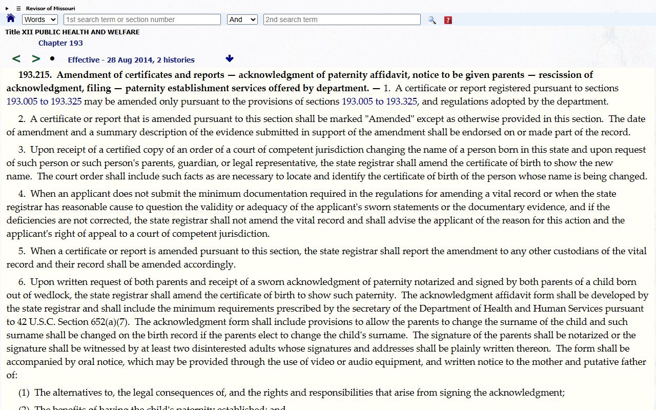 Missouri Revised Statute 193.215 amendment procedures for birth certificates and paternity