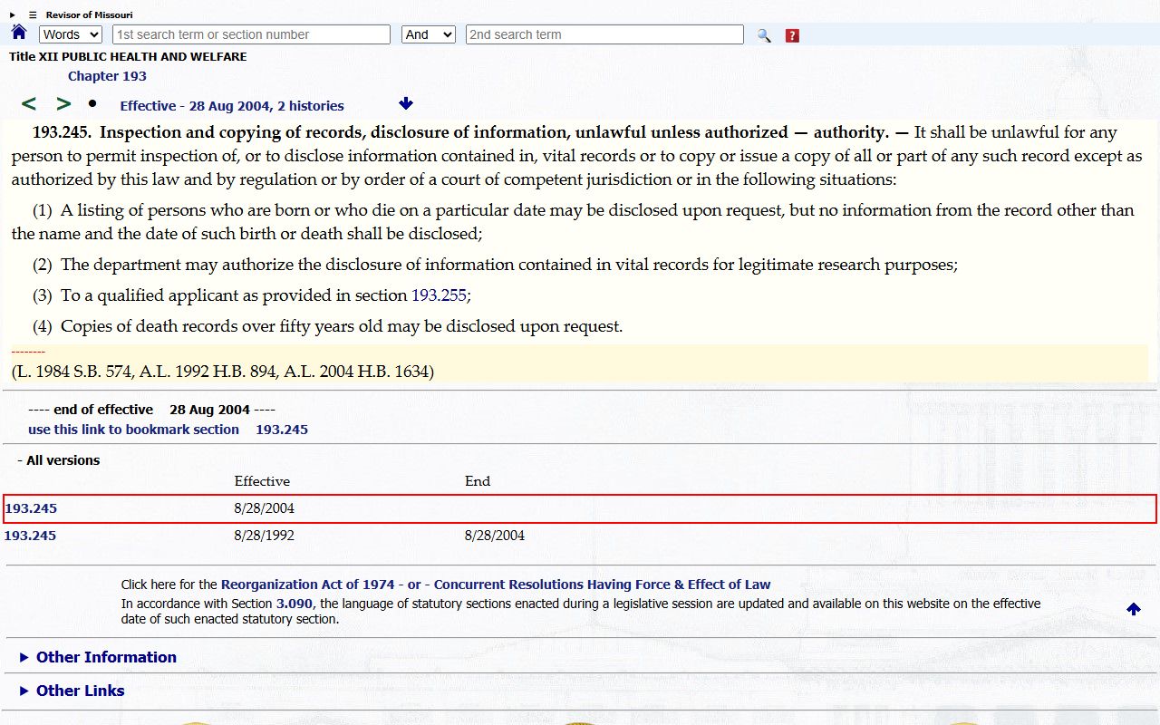 Missouri Revised Statute 193.245 governing inspection and disclosure of vital records