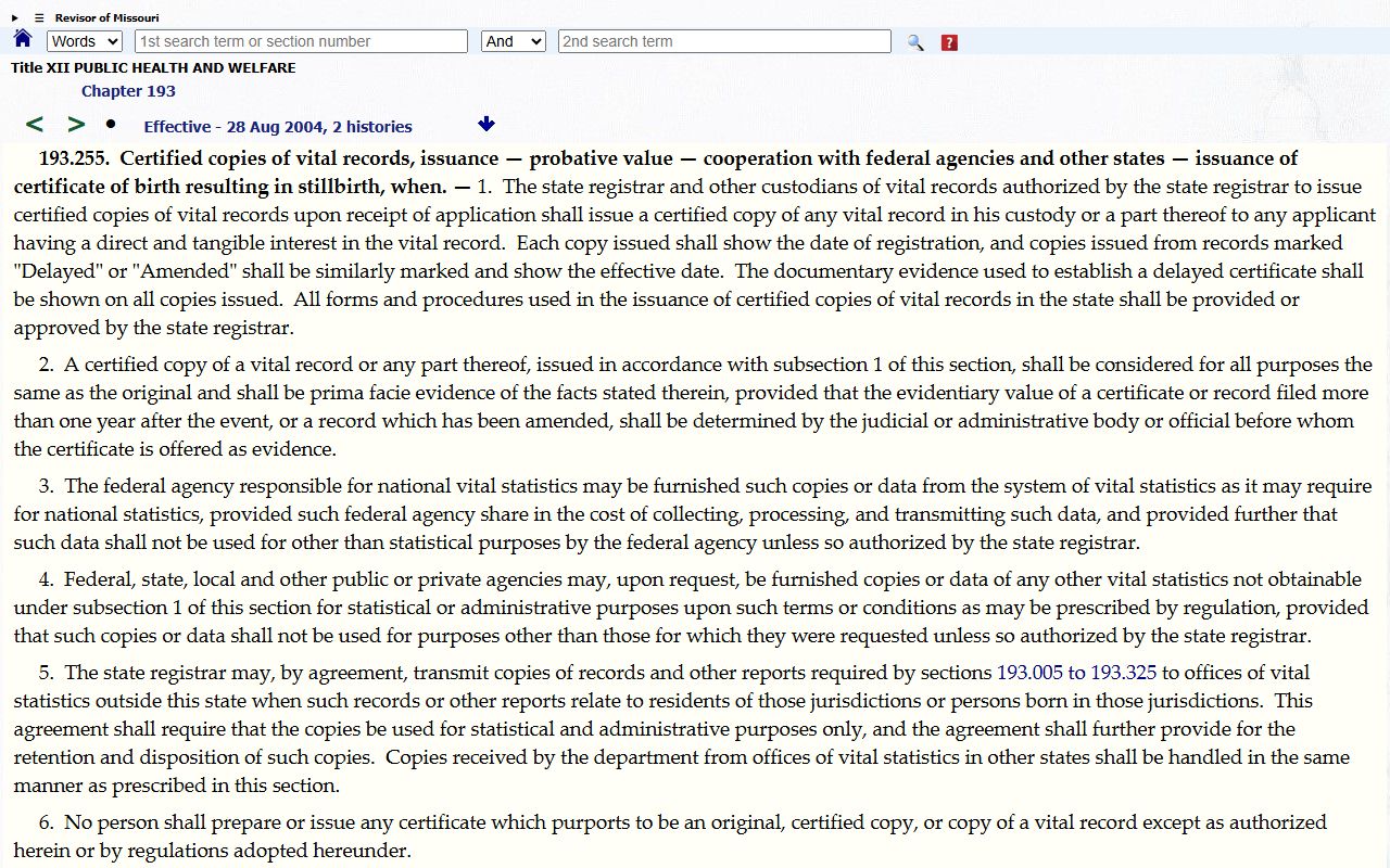 Missouri Revised Statute 193.255 certified copies legal value and issuance rules