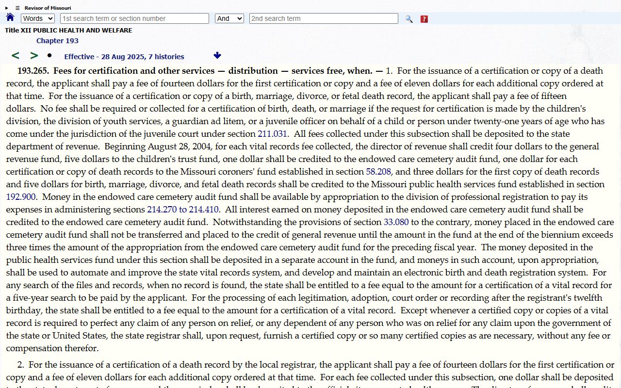 Missouri Revised Statute 193.265 fee schedule for vital records copies