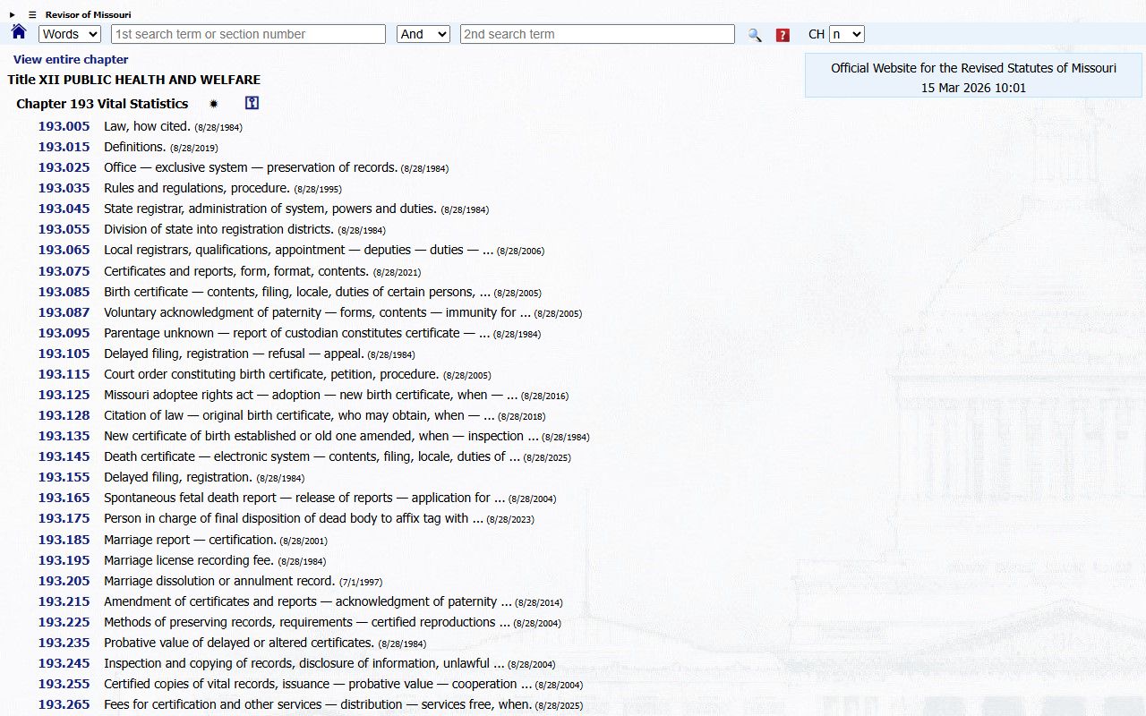 Missouri Revisor of Statutes Chapter 193 Vital Statistics index listing all relevant statutes