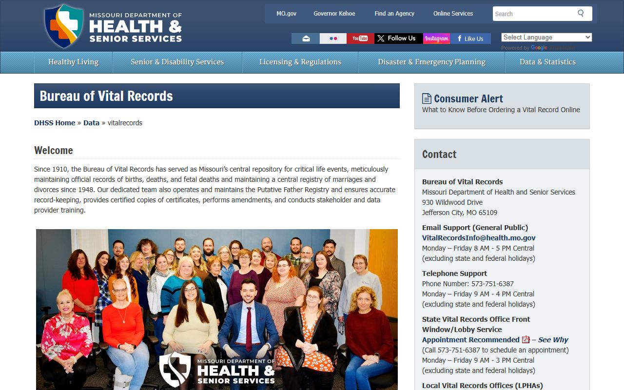Missouri Bureau of Vital Records official page for Missouri birth record services